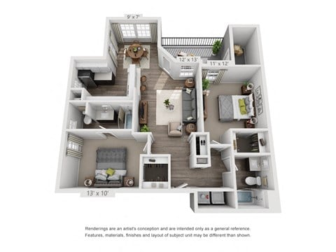 Floor plan for 2 beds, 2 baths, 974 sqft
